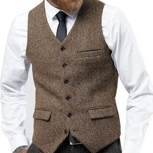 Mens Herringbone Vests Wool Tweed Retro Waistcoats Groomsman Slim Fit